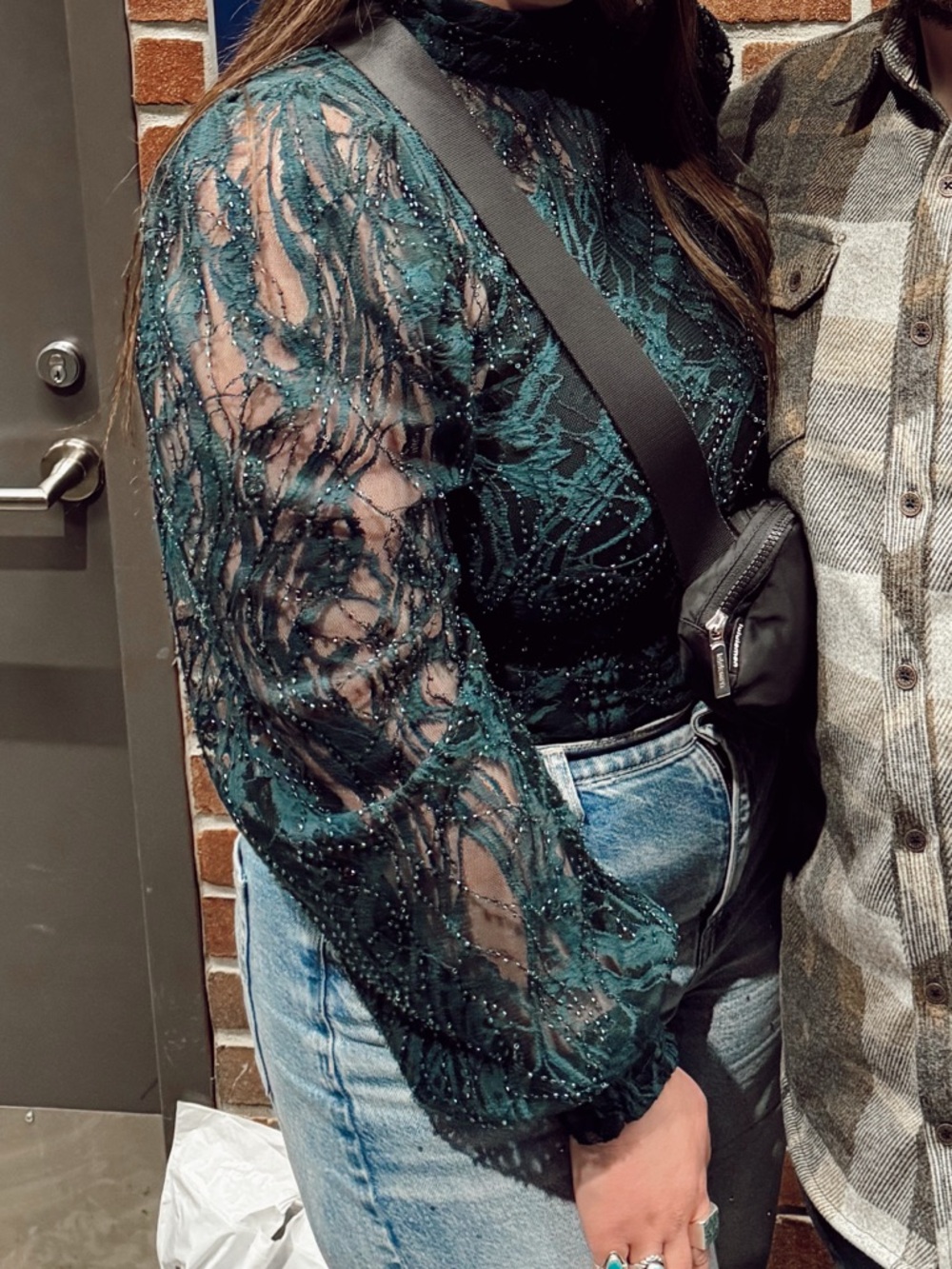 Buckle Dark Green Lace Beaded Long Sleeve Blouse - Picture 3 of 7
